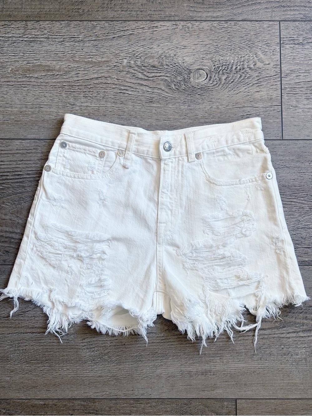 R13 Distressed White Denim Cutoff High Waisted Boyfriend Jean Shorts
